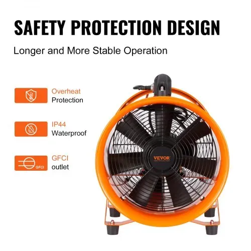 VEVOR Bauventilator 255-W-AC-Motor Baugebläse 2830 U/min Baulüfter Gebläse 1720 CFM (2922 m3/h) Axiallüfter mit 10 m Schlauch Axialgebläse 79 dB Geräuschpegel Industrielüfter – Bild 4