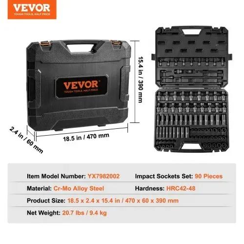 VEVOR Profi Steckschlüsselsatz Cr-Mo-legierter Stahl 90-tlg Steckschlüssel Satz 6-19 mm Tiefe Stecknüsse Schlagschrauber, HRC 42-48 Steckschlüssel inkl Werkzeugkoffer, Metrisch Schraubenausdreher – Bild 6
