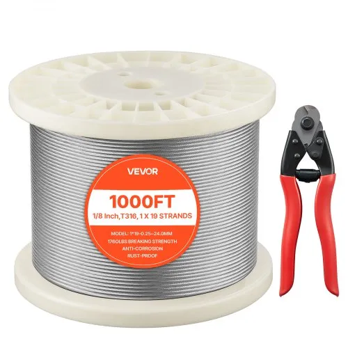 VEVOR Edelstahldrahtseil φ3,2 mm 304,8 m Länge, Drahtseil aus Edelstahl 316 mit einer Bruchlast von 798,3 kg, 1×19 Litzen, Stahlseil für Terrassengeländer, Gartenspaliere, inkl. Drahtschneider VEVOR Edelstahldrahtseil φ3,2 mm 304,8 m Länge, Drahtseil aus Edelstahl 316 mit einer Bruchlast von 798,3 kg, 1×19 Litzen, Stahlseil für Terrassengeländer, Gartenspaliere, inkl. Drahtschneider