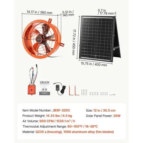 VEVOR Giebellüfter 30,5cm Dachbodenlüfter Solarbetrieben 1529,1m³/h Orange, 3-in-1 Belüftung Kühlung & Entfeuchtung für Dachboden Gewächshaus & Lager, Stahlgehäuse, mit Thermostat & 35W Solarpannel – Bild 6
