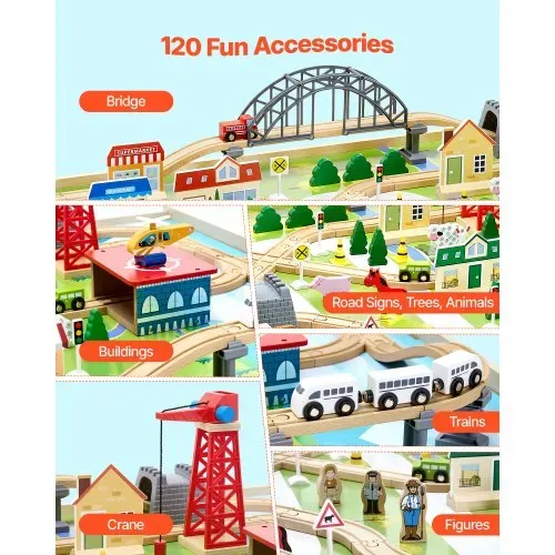 VEVOR Holz Aktivitätstisch, 120-teilig, mit zusammenklappbarem Aufbewahrungsbehälter, 3-in-1-Eisenbahn-Set zum Spielen, Malen, Lesen, Essen, kreatives Spielzeug-Set für Kinder ab 3 Jahren – Bild 2