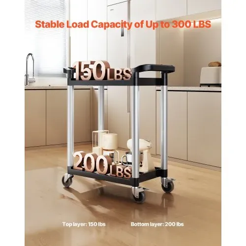 VEVOR Mehrzweckwagen, 136 kg Tragkraft, 2-stufiger Universalwagen aus Kunststoff mit 360° Schwenkrädern (2 mit Bremsen), 800x410x945 mm großer Servierwagen für Lager, Büro, Zuhause, Restaurant, Küche VEVOR Mehrzweckwagen, 136 kg Tragkraft, 2-stufiger Universalwagen aus Kunststoff mit 360° Schwenkrädern (2 mit Bremsen), 800x410x945 mm großer Servierwagen für Lager, Büro, Zuhause, Restaurant, Küche