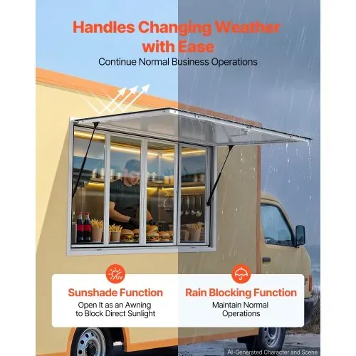 VEVOR Verkaufsfenster für Foodtrucks 1524 x 915 mm aus Aluminiumlegierung, Konzessionsfenster für Imbisswagen, bis zu 85° Aufklappbar, 4 Acryl-Schiebefenster, Verkaufsklappe, Schlepphaken, Regenschutz – Bild 2