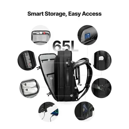 VEVOR Vakuum-Reiserucksack, 65 L, erweiterbarer Vakuum-Kompressions-Reiserucksack mit Pumpe, mit TSA-zugelassenem Schloss, USB-Ladeanschluss, wasserabweisendes Handgepäck, für Business, Grau – Bild 2