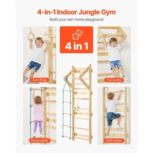 VEVOR schwedische Leiterwand 4 in 1 8-stufiges Kletterspielzeug aus Massivholz 100 kg belastbares Indoor-Klettergerüst mit Turnringen Klimmzugstange Strickleiter Wandleiter VEVOR schwedische Leiterwand 4 in 1 8-stufiges Kletterspielzeug aus Massivholz 100 kg belastbares Indoor-Klettergerüst mit Turnringen Klimmzugstange Strickleiter Wandleiter