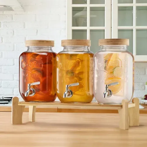 VEVOR Getränkespender (3 x 3,8 L) für Partys Saftspender (aus Glas) mit tropfsicherem Zapfhahn & Holzständer Wasserspender für Restaurants Partys, Limonade Eistee selbstgemachte Getränke Spender – Bild 7