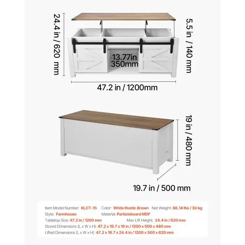 VEVOR Lift Top Couchtisch 120 cm, rustikaler Kaffeetisch mit Scheunentor & verstecktem Staufach, moderne rechteckige Hubtischplatte für Wohnzimmer Büro Zuhause, Wohnzimmertisch Sofatisch weiß – Bild 6