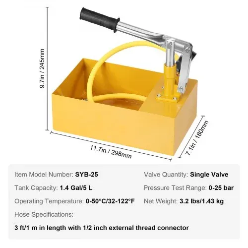 VEVOR Abdrückpumpe, max. 25 Bar, Befüllpumpe-Set mit Einzelventil und Manometer, 5-L-Wassertank, 1-m-Schlauch mit 1,27 cm Außengewindeanschluss für Rohrleitungen – Bild 6
