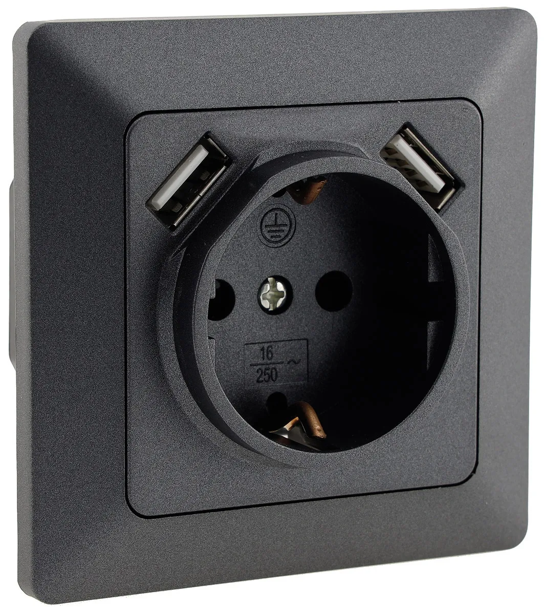 MILOS Schutzkontakt-Steckdose, Anthrazit 250V~/ 16A, UP, 2x USB Buchse je 5V/1A MILOS Schutzkontakt-Steckdose, Anthrazit 250V~/ 16A, UP, 2x USB Buchse je 5V/1A