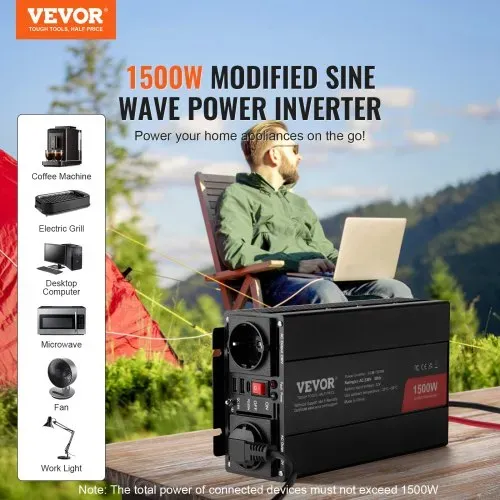 VEVOR Modifizierter Sinus-Wechselrichter, 1500 W DC 12 V AC 230 V Wechselrichter mit 2 AC-Steckdosen 2 USB-Anschlüssen 1 Typ-C-Anschluss 6 Ersatzsicherungen für Smartphone, Laptops VEVOR Modifizierter Sinus-Wechselrichter, 1500 W DC 12 V AC 230 V Wechselrichter mit 2 AC-Steckdosen 2 USB-Anschlüssen 1 Typ-C-Anschluss 6 Ersatzsicherungen für Smartphone, Laptops