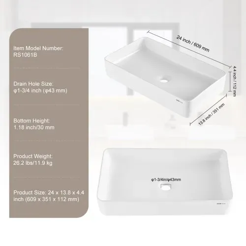 VEVOR Rechteckiges Aufsatzwaschbecken, 61 x 35 cm, Badezimmer-Aufsatzwaschbecken, weißes Keramik-Waschbecken über der Theke, moderner Stil, hell und elegant, gut verpackt für Badezimmer, Hotel, Toilette, Wohnmobil – Bild 6