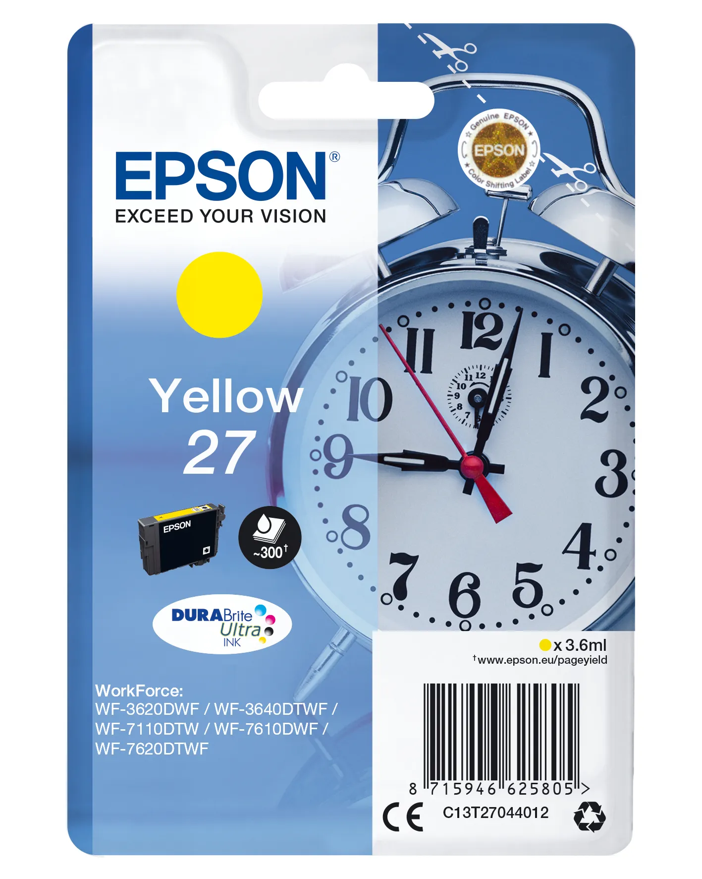 Epson Alarm clock Singlepack Yellow 27 DURABrite Ultra Ink Epson Alarm clock Singlepack Yellow 27 DURABrite Ultra Ink