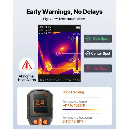 VEVOR Wärmebildkamera, TISR Superauflösung 240x180, handheld Thermokamera mit 2 MP visueller Kamera, 96x96 IR-Auflösung, 25 Hz Bildwiederholfrequenz, -20 -550 °C, 4 Bildmodi & 6 Farbpaletten – Bild 3