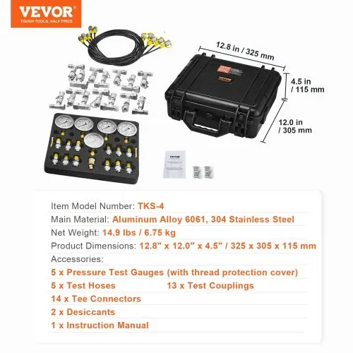 VEVOR Hydraulikdruck-Testkit, 10/100/250/400/600 bar, 5 Messgeräte, 13 Kupplungen, 14 T-Anschlüsse, 5 Testschläuche, Bagger-Hydraulik-Testmanometer-Set mit Tragetasche für Bagger-Traktoren-Maschinen – Bild 6