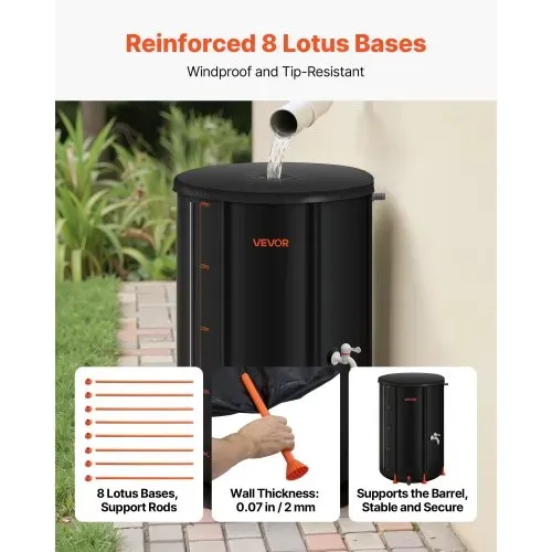 VEVOR Regentonne faltbar, 250 L tragbares Regenfass, Regenwassertank, 500D PVC-Regenwassersammelsystem, Wassertank, Regenwassertonne mit Zapfhahn und Überlaufset, Schwarz – Bild 2
