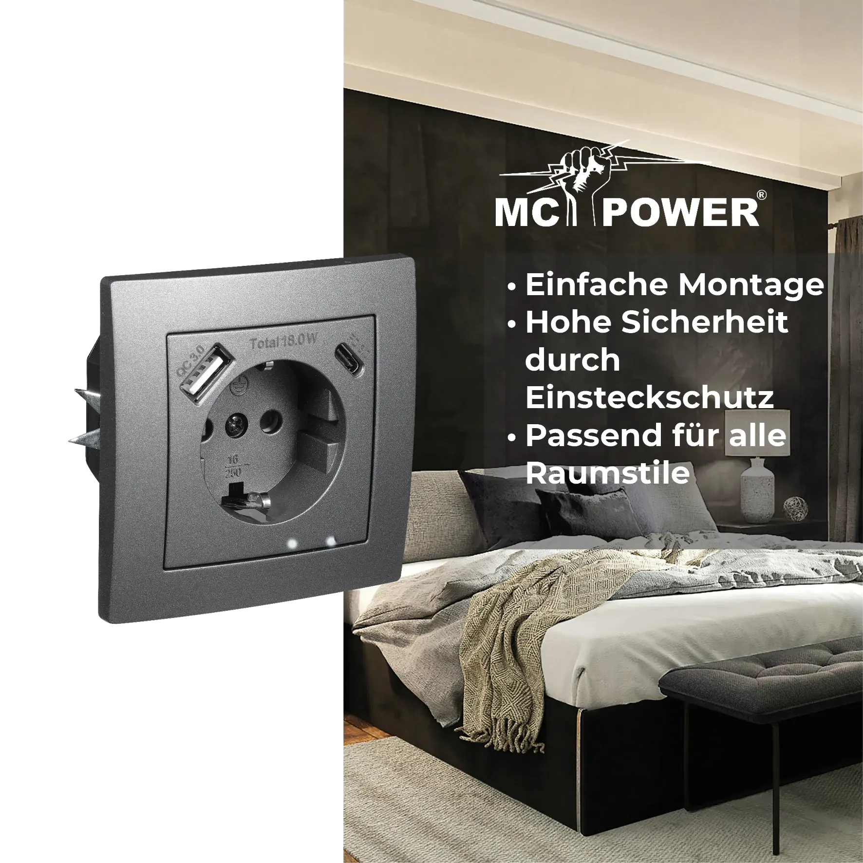 Schutzkontakt-Steckdose McPower ''Flair'' 1x USB-C 18W PD, 1x USB-A, anthrazit – Bild 4