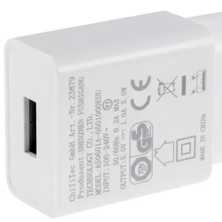 Stecker-Netzteil mit USB „CTN-0510“ Ein 110-240V~, Aus 5V=, 1A, 5W, weiß Stecker-Netzteil mit USB „CTN-0510“ Ein 110-240V~, Aus 5V=, 1A, 5W, weiß