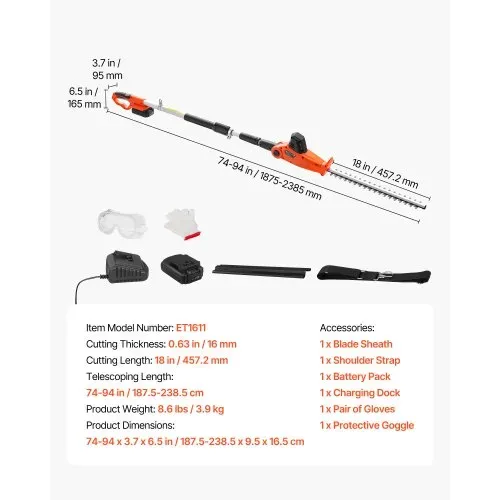 VEVOR Akku-Heckenschere 20 V, Elektroheckenschere-Set mit 457,2 mm Schnittlänge, 187,5–238,5 cm Teleskopdesign für Hohe Äste (2,0Ah Akku & Schnellladegerät im Lieferumfang enthalten) – Bild 6