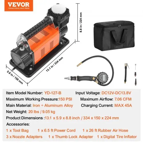 VEVOR 12 V Hochleistungs-Luftkompressor – mit digitalem Druckmesser, Reifenfüllset, tragbarer Reifenfüller mit 7,06 CFM, 150 PSI Offroad-Luftpumpe mit Adaptern für LKWs, Autos, SUVs, Allradfahrzeuge und Wohnmobile – Bild 6