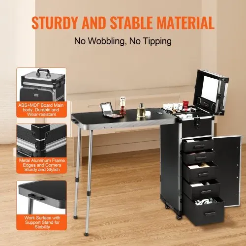VEVOR Professioneller Make-up-Koffer aus Aluminium, Kosmetikkoffer, Werkbank mit Stützbeinen, Roll-Make-up-Koffer, extragroßer Trolley, Make-up-Reise-Organizer, mit 360° drehbaren Rädern, schwarz – Bild 2