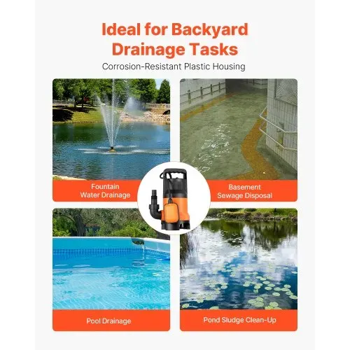 VEVOR 650W Tauchpumpe, 15000L/h, PP-GF20 Schmutzwasserpumpe für Abwasser, Schmutzwasser & sauberes Wasser mit automatischem Schwimmerschalter, 8m Förderhöhe, für Pools Teiche überflutete Bereiche – Bild 3
