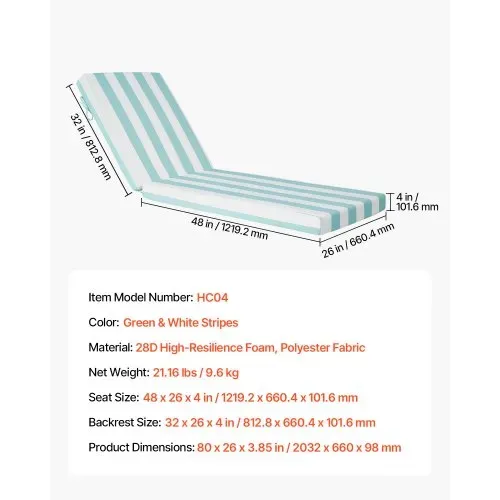 VEVOR Deckchair Auflagen, 2032x660x98 mm, Liegenauflagen für Außenbereich, wasserabweisend & farbecht, Sonnenliegen-Kissen mit Bändern, Terrassen-Liegepolster für Pooldeck, grün-weiß gestreift – Bild 6
