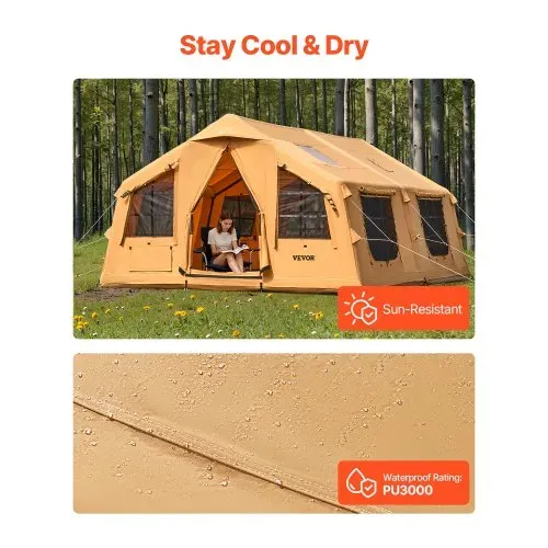 VEVOR Aufblasbares Zelt für Camping 8-12 Personen mit Handpumpe, 4,8x3,6x2,2 m Glamping-Zelt mit 2 Oberlichtern, Baldachin, Ofenanschluss, 2 Türen & Netzfenstern, Aufbewahrungstasche – Bild 4