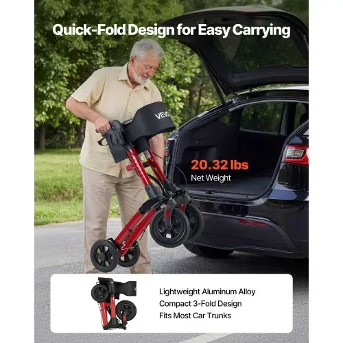 VEVOR Rollator 3-Fach Faltbar mit Sitz, Leichter Gehwagen mit 4 Reifen, Gehhilfe bis 136 kg mit Rückenlehne Tasche Gehstockhalter, Höheverstellbare Laufhilfe mit Feststellfunktion für Senioren, Rot – Bild 3