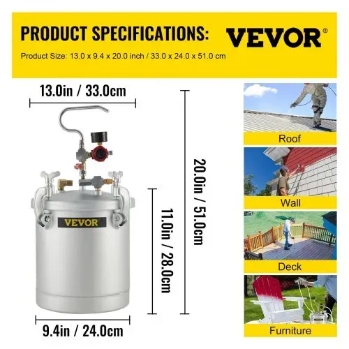 VEVOR 10 LFarbspritzpistole, 30 PSI Farbbehälter, Farbsprühsystem Lackhalter zum Auftragen von Wasserfarbe, Flecken, Lack, Lacken, feine Oberflächen für Innen- und Außenprojekte – Bild 6