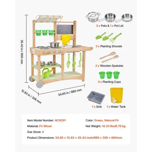 VEVOR Spielküche, Kinderküche, Spielzeugküche mit Löffeln, Spüle, Sonnenschutz, Schwenkrädern, Kochgeschirr & Zubehör, Holzküche, Ideal für Kinder ab 3 Jahren, 880x326x900 mm – Bild 6
