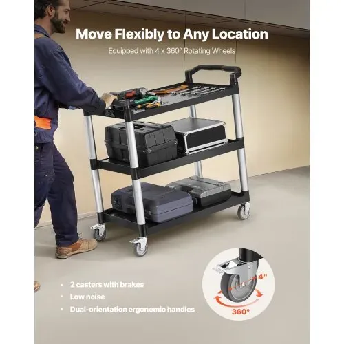 VEVOR Mehrzweckwagen, 226 kg Tragkraft, 3-stufiger Universalwagen aus Kunststoff mit 360° Schwenkrädern (2 mit Bremse), 106x49x98 cm großer Servierwagen für Lager, Büro, Zuhause, Restaurant, Küche – Bild 2