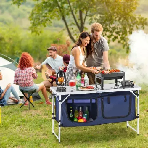 VEVOR Camping Küchentisch klappbarer Kochtisch Outdoor, 3-fach höhenverstellbar, tragbare Kochstation aus Aluminium mit Organizer & Tragegriff, für Grillpartys Picknicks Wohnmobilreisen Blau – Bild 7