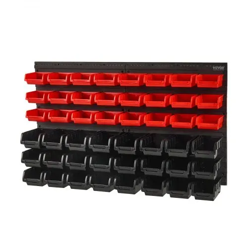 VEVOR Stapelboxen, 48-Behälter-Teileregal-Organizer für Garage, Kunststoff-Ladenwerkzeug mit Wandpaneelen, Werkzeug-Organizer für Muttern, Bolzen, Schrauben, Nägel, Perlen, Knöpfe, Schwarz und Rot – Bild 8