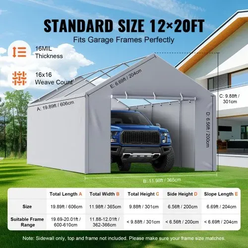 VEVOR Carport-Garagenzelt Seitenwand 610 x 364 cm, Garagenzelt-Unterstandplane, strapazierfähig, wasserdicht und UV-geschützt, grau (Oberteil und Rahmen nicht im Lieferumfang enthalten) – Bild 3