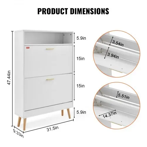 VEVOR Schuhschrank Schmal, Schuhregal Weiß, 800 x 237 x 1205 mm Schuhkipper mit 2 Klappen + oberem Staufach, Schuhkommode 68 kg Tragfähigkeit, Aufbewahrungsschrank Schuh Massivholz für Flur, Outdoor – Bild 2