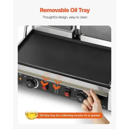 VEVOR kommerzieller Kontaktgrill 3600 W Elektrogrill Sandwichmaker (Doppelbackplatten) Panini Presse aus Edelstahl mit Temperaturregelung, 48 x 23 cm flache Emailleplatte, für Hamburger Steak Speck – Bild 3