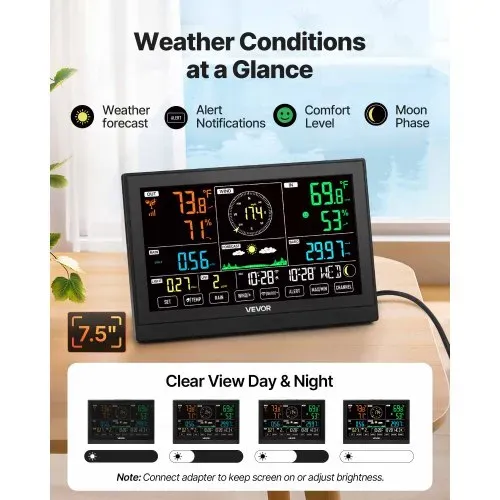 VEVOR 7-in-1 WLAN-Wetterstation mit APP, 7,5-Zoll-Display, solarbetriebener Außensensor, mit Poolthermometer, Regenmesser, Wettercenter für Wettervorhersage, Windgeschwindigkeit, Pooltemperatur – Bild 3