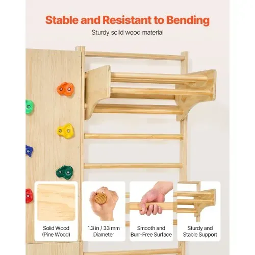 VEVOR schwedische Leiterwand 9 in 1 12-stufiges Kletterspielzeug aus Massivholz 100 kg belastbares Indoor-Klettergerüst mit Kletterwand Turnringen Klimmzugstange Rutsche Schaukel – Bild 3