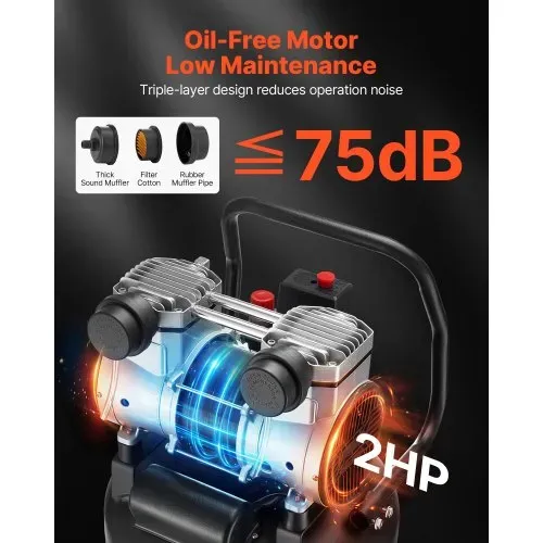 VEVOR Druckluft Kompressor 50 L, Luftkompressor 2 PS, 113 L/min bei 6,2 bar, Max. 8 bar Druck, Ölfreier Tank, Ideal für Autoreparaturen, Reifenbefüllung, Lackierarbeiten, Holzarbeiten & Nageln – Bild 2