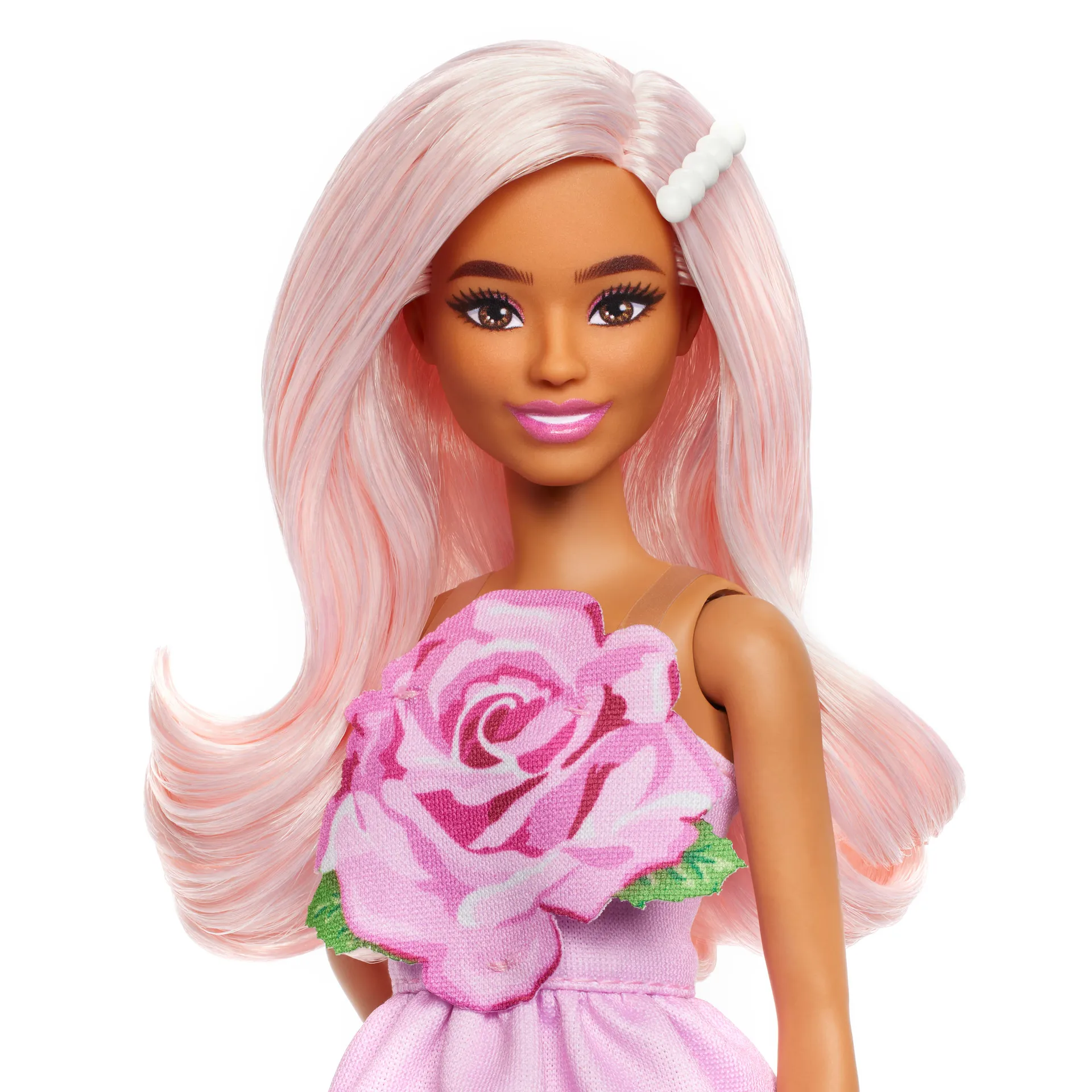Barbie Fashionistas Puppe Nr. 238 in einem trägerlosen Rosenkleid, rosa Haare mit Spangenzubehör – Bild 3