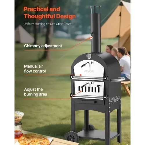 VEVOR Pizzaofen 12 Zoll Pelletöfen, 2-lagiger Pizzaofen mit Holzfeuerung, Holzbefeuerter Ofen Outdoor mit 2 abnehmbaren Rädern, Pizzamaker mit Höchsttemperatur von 540 °C zum Grillen – Bild 3
