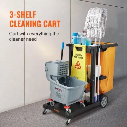 VEVOR Reinigungswagen Putzwagen mit 3 Fächern, Hygienewagen Reinigungswagen 90,7 kg Tragfähigkeit, Schwarz PP Wischwagen Systemwagen inkl. PVC-Müllsack & Handschuhe, geeignet für Büros, Malls, Hotels VEVOR Reinigungswagen Putzwagen mit 3 Fächern, Hygienewagen Reinigungswagen 90,7 kg Tragfähigkeit, Schwarz PP Wischwagen Systemwagen inkl. PVC-Müllsack & Handschuhe, geeignet für Büros, Malls, Hotels