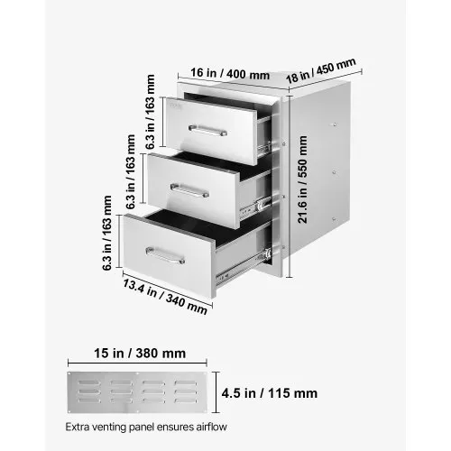 VEVOR Outdoor-Küchenschubladen flächenbündig montierte Grillschubladen mit dreifachem Zugriff und Edelstahlgriff, Grillinselschubladen für Außenküchen oder Grillinsel-Terrasse 400 x 450 x 450 mm – Bild 6