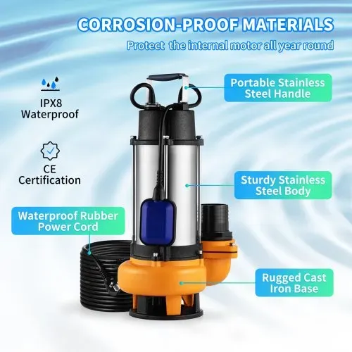 VEVOR Schmutzwasserpumpe mit var. Schwimmerschalter Tauchpumpe 2200W Gartenpumpe Durchfluss 60000L/h Schmutzwassertauchpumpe max. Hub 18m Wasserpumpe IPX8 Ideal zum Pumpen von Wasser – Bild 3