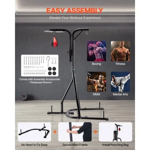 VEVOR 2 in 1 Boxsackständer Trainingsgerät Sandsackgestell aus Stahl, höhenverstellbare Boxsackhalterung (65 kg belastbar), Fitnessgerät Standboxtrainer für Fitness-Studio Boxing Schwarz – Bild 5