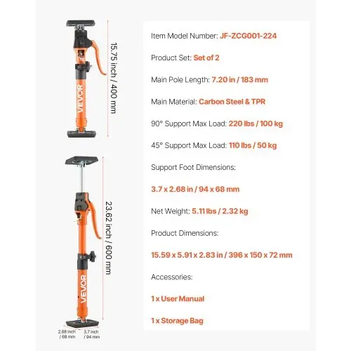 VEVOR Einhandstütze, 2 Stk., Deckenstütze 40–60cm, Teleskopstütze aus Stahl, Montagestütze bis zu 100kg Kapazität zum Installieren von Schränken, Anheben von Trockenbauwänden, Frachtstangen – Bild 6