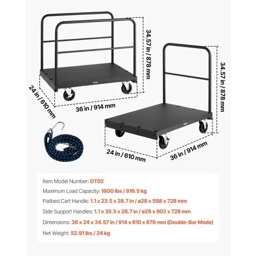 VEVOR Plattenwagen, 816 kg Tragkraft, 2-in-1 Rollenwagen mit 360° Lenkrollen, 914x610 mm Plattformwagen mit 3 seitlichen Handläufen, Transporthilfe für Fabrik, Lager, Garage, Schwarz – Bild 6
