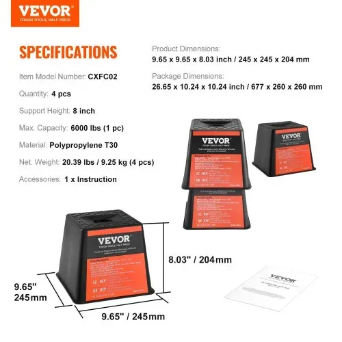 VEVOR Anhänger-Wagenheberblock Wohnmobil-Reisezubehör, 4er-Pack Wagenheber 2721 kg Kapazität pro Wohnmobil-Nivellierblock, für jeden Wagenheber, jeden Pfosten, jeden Fuß und jedes Sattelrad – Bild 6