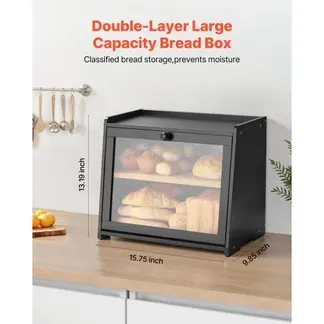 VEVOR Doppellagiger Brotkasten für Küchentheke Brotbehälter Brotbox Organizer aus Holz für selbstgebackenes Brot, Aufbewahrungsbehälter mit gewellter Acryl-Türplatte, Brotaufbewahrung Schwarz VEVOR Doppellagiger Brotkasten für Küchentheke Brotbehälter Brotbox Organizer aus Holz für selbstgebackenes Brot, Aufbewahrungsbehälter mit gewellter Acryl-Türplatte, Brotaufbewahrung Schwarz
