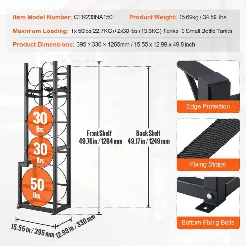 VEVOR Kältemitteltankgestell, mit 1 x 50 lbs, 2 x 30 lbs und 3 Weiteren Kleinen Flaschentanks, Zylindertankgestell 15,55 x 12,99 x 49,8 Zoll, Kältemittelzylindergestell und Halterungen für Freon, Gase – Bild 6